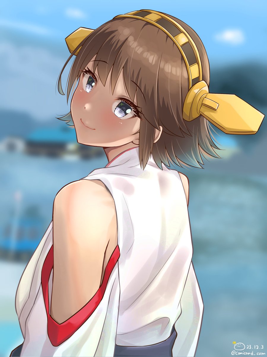 hiei (kancolle) 1girl solo short hair brown hair headgear detached sleeves japanese clothes  illustration images