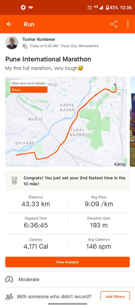 TusharKuntawar's tweet image. I ran the pune marathon.

This was a tough 42kms and 6:36 hrs