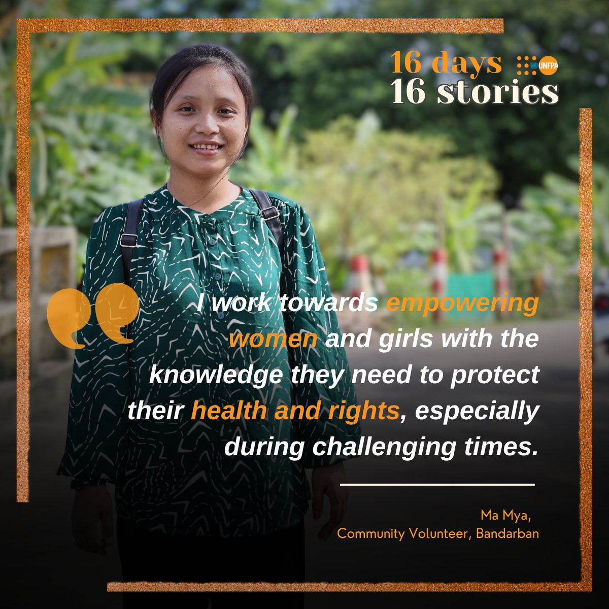 UNFPABangladesh's tweet photo. Day 9: Ma Mya is a young, dedicated community volunteer in Bandarban who provides essential supplies to women and girls affected by flash floods and bridges the knowledge gap on violence-related issues. #16DaysOfActivism  #FRONTLINEHERO https://t.co/gE9OukRl9T