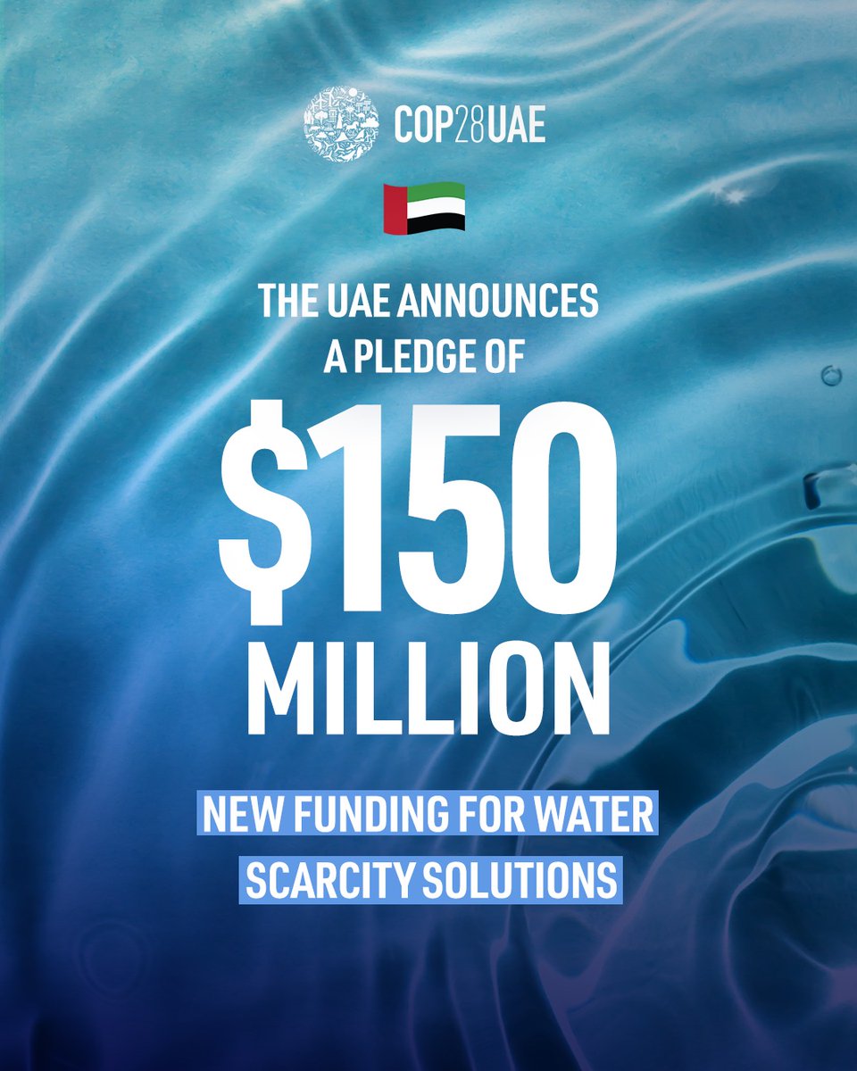 During the ongoing COP28 summit, the United Arab Emirates (UAE) made a noteworthy commitment by announcing a substantial infusion of $150 million in fresh funding aimed at addressing the issue of water scarcity. #WaterScarcitySolutions 💧🌿