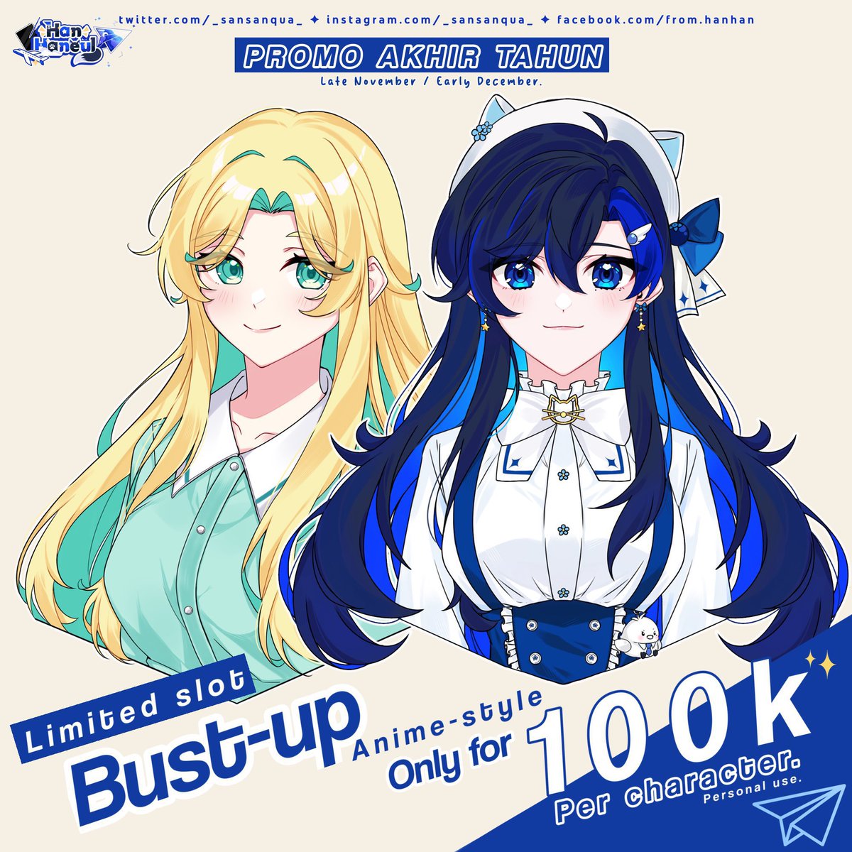 Boleh bantu rituit/likes? (｡>ㅅ<)
Hai semua, aku masih nerima komis art seratus ribuan untuk nutup tahun ini. Komis regular jg masih buka.
Komersil x2/x3 ya.

Thank you! (✧• ̀ω•́)و
Available slots : 3.
#artidn #zonakaryaid #Vtuber #VtuberID #ibisPaintX #zonauang #zonajajan