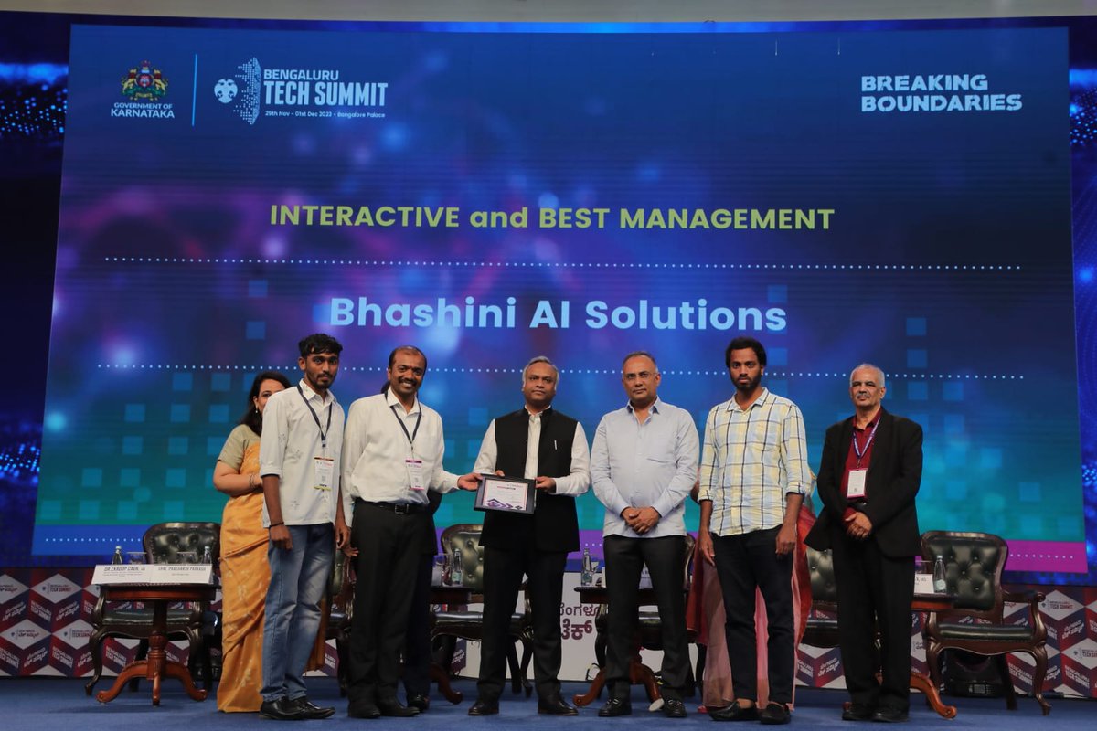 Applauding excellence in exhibition! A huge shoutout to Bhashini AI Solutions, honored with the Interactive and Best Management Award at the BTS Exhibitor Awards Ceremony at #BTS2023 for setting the benchmark for exhibitors & captivating others. #BengaluruTechSummit