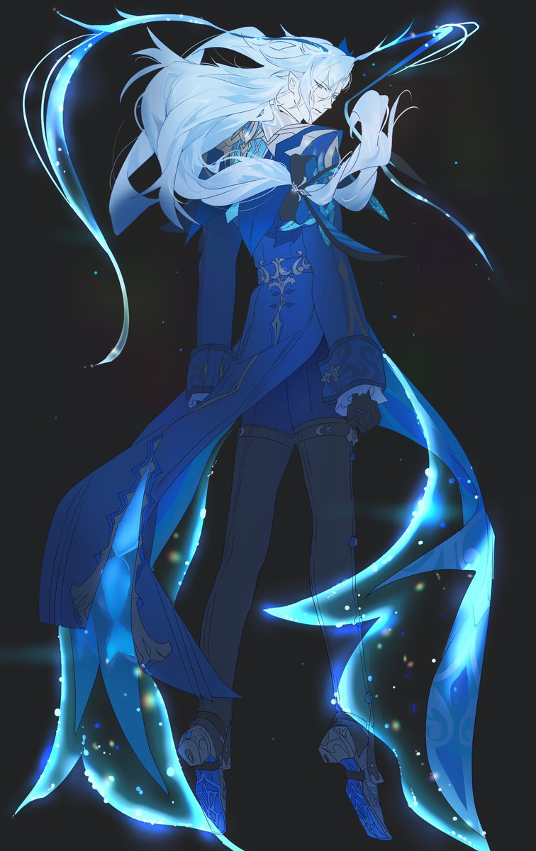 neuvillette (genshin impact) 1boy male focus long hair solo blue coat gloves black background  illustration images