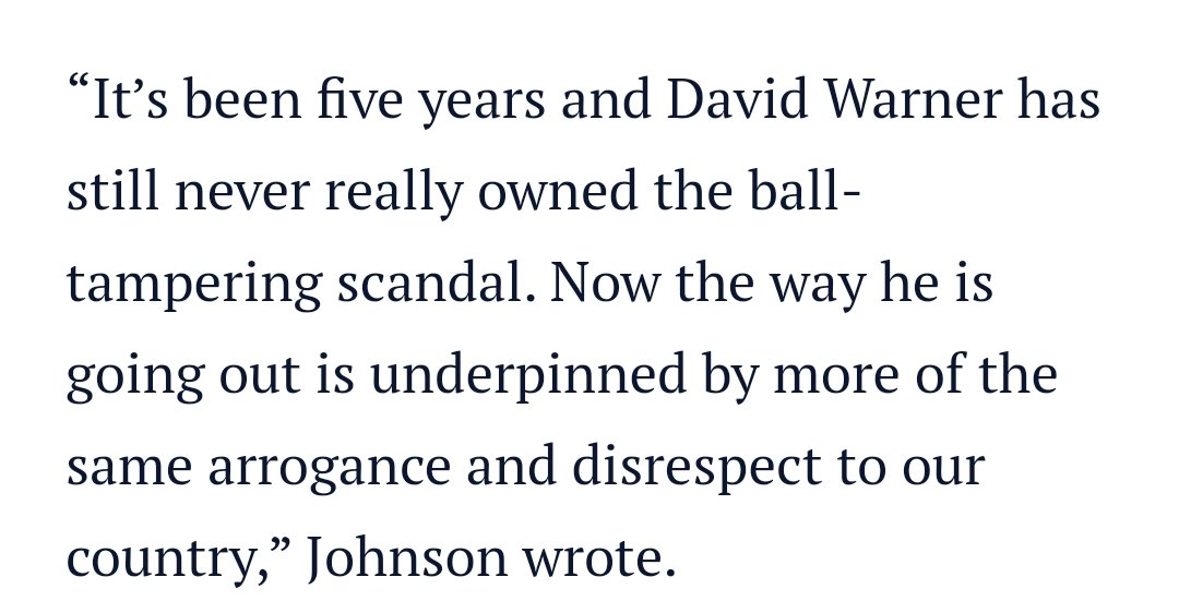 Mitchell Johnson is 100% correct about Warner. Was the ring leader of sandpapergate and hid while Smith and Bancroft had to front the press.