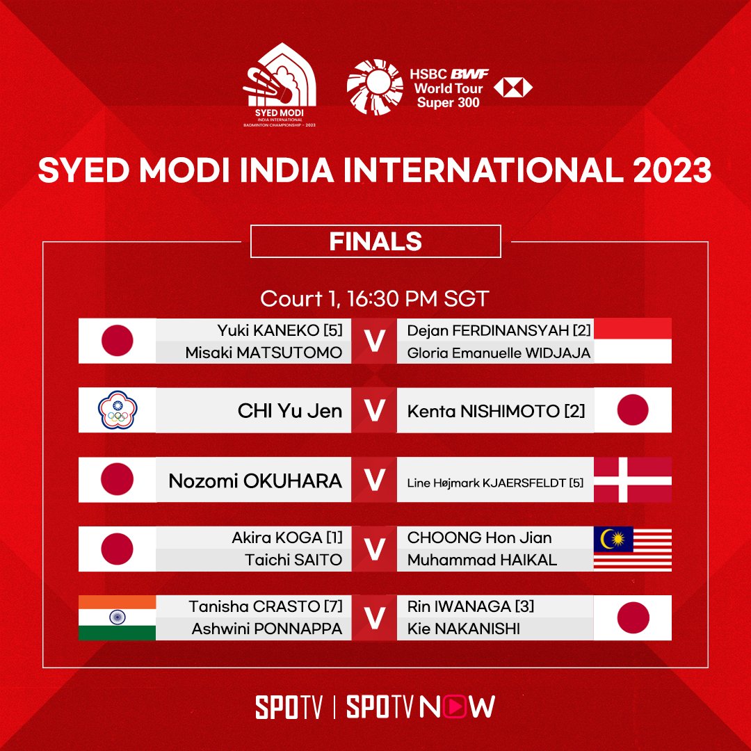 #BWF | It's time for the finals. 🔥

Watch #SyedModi2023 LIVE on #SPOTVNOW!

#badminton #BWFWorldTour #SPOTVSEA