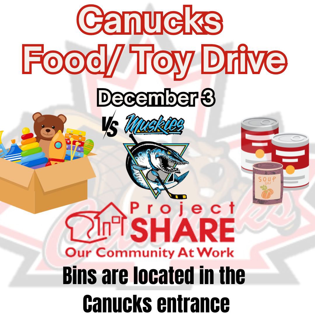 NF_Canucks's tweet image. Our Food / Toy drive continues tomorrow night for @projectshare_nf 

Sunday, Dec 3
Game time is 7:30 pm. 

#ourcommunityatwork #nucksnation #ojhl
