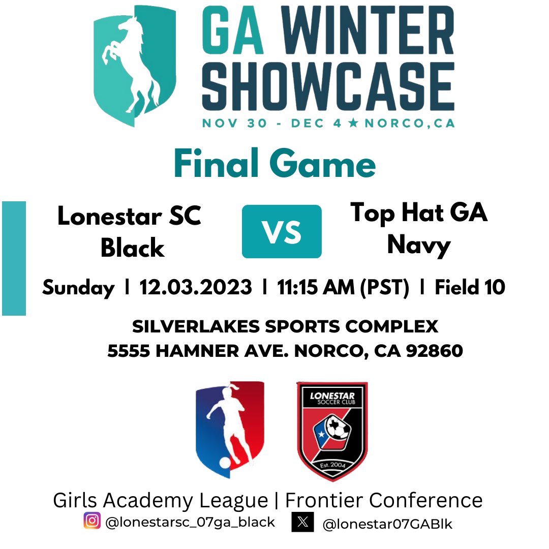 Game Day!! 

Come watch us play our final game at the GA Winter Showcase!

#wearelonestar

<a href="/LonestarSC/">Lonestar SC ⚽️</a> 
<a href="/LonestarGA/">Lonestar SC GA</a> 
<a href="/GAcademyLeague/">Girls Academy</a> 
<a href="/ImCollegeSoccer/">College Soccer Truth ™</a> 
<a href="/ImYouthSoccer/">ECNL/GA/Recruiting/College Soccer</a> 
<a href="/TopDrawerSoccer/">TopDrawerSoccer</a>