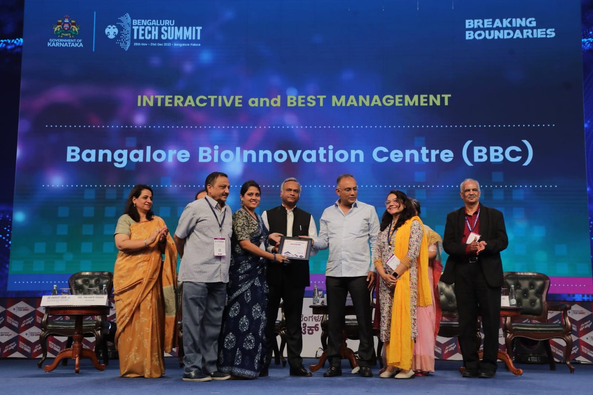 Applauding excellence in exhibition! A huge shoutout to Bangalore BioInnovation Centre (BBC), honored with the Interactive and Best Management Award at the BTS Exhibitor Awards Ceremony at #BTS2023 for setting the benchmark for exhibitors & captivating others.