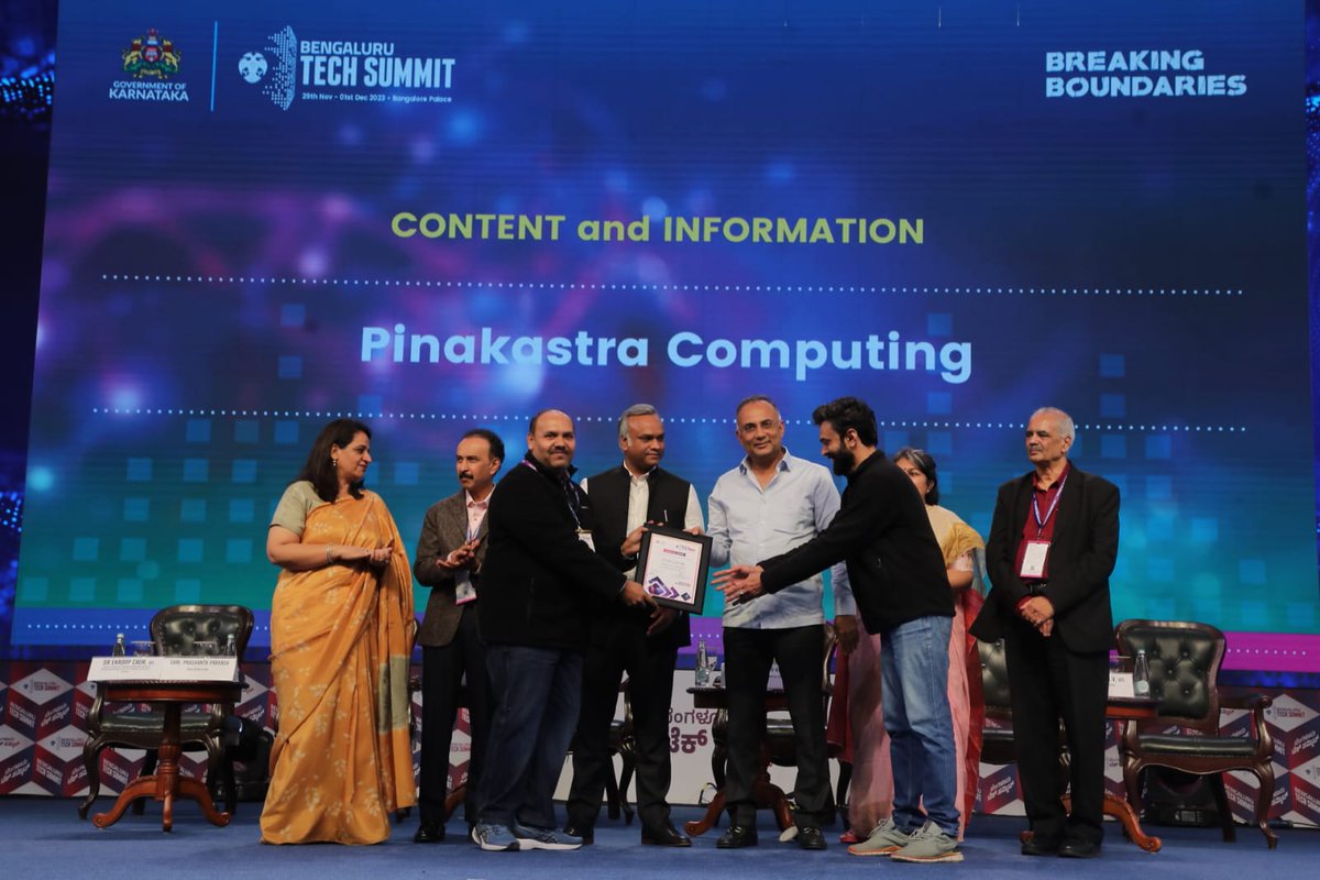 Applauding excellence in exhibition! A huge shoutout to @pinakastra Computing, honored with the Content and Information Award at the BTS Exhibitor Awards Ceremony at #BTS2023 for setting the benchmark for exhibitors & captivating others. #BengaluruTechSummit #BreakingBoundaries