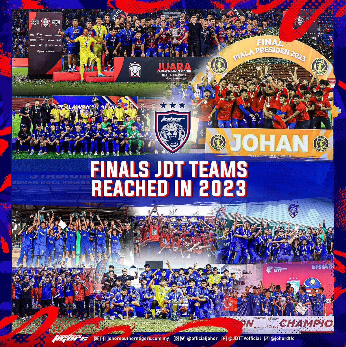 FINALS JDT TEAMS REACHED IN 2023

JDT - FA CUP CHAMPIONS
JDT - PIALA MALAYSIA (To be determined)
JDT II - PIALA MFL RUNNERS-UP
JDT III - PIALA PRESIDEN CHAMPIONS
JDT IV - PIALA BELIA RUNNERS-UP
JDT U17 - MSSM CHAMPIONS
JDT U17 - PIALA KPM CHAMPIONS
JDT U16 - JSE INTERNATIONAL