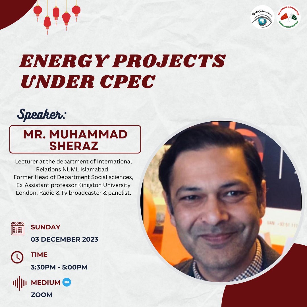 youthdiploforum's tweet image. Online Internship Program
Empowering Trade &amp;amp; Economic Integration under the theme of Understanding Potential &amp;amp; Dynamics of the CPEC. 
Jointly organized by @ExChinesePak1 &amp;amp; YDF. 
Speaker: Muhammad Sheraz  
2️⃣ Energy Projects under CPEC 
#CPEC #EnergyProjects #EconomicGrowth