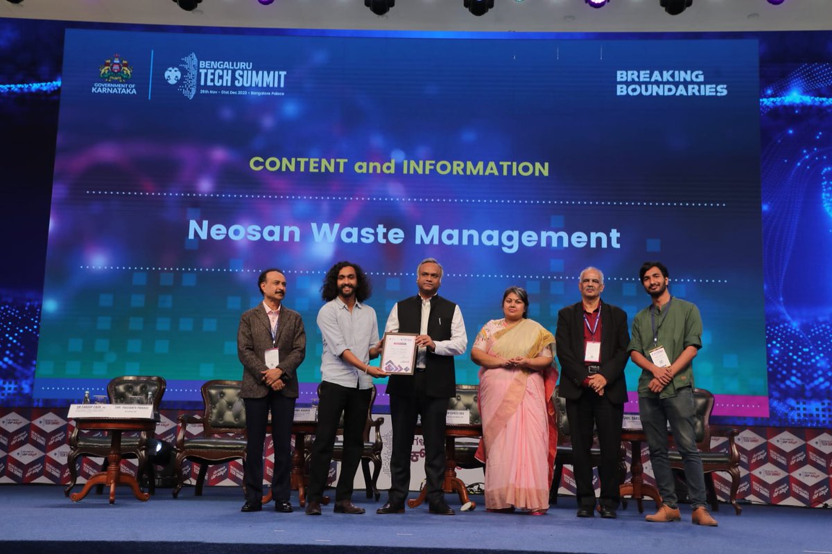 Applauding excellence in exhibition! A huge shoutout to Neosan Waste Management honored with the Content and Information Award at the BTS Exhibitor Awards Ceremony at #BTS2023 for setting the benchmark for exhibitors & captivating others. #BengaluruTechSummit #BreakingBoundaries