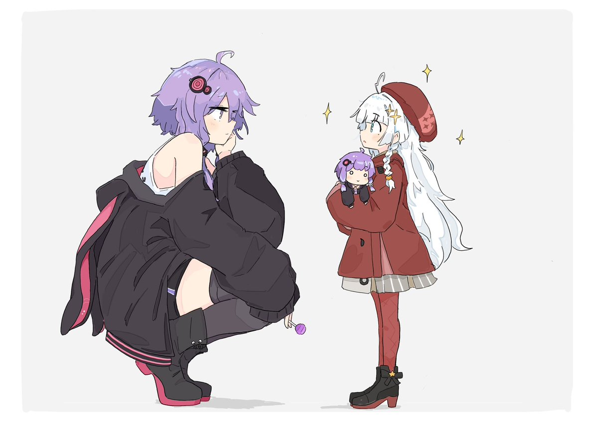 kizuna akari ,yuzuki yukari multiple girls 2girls purple hair white hair sparkle jacket holding  illustration images