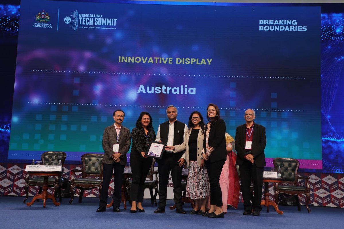 Applauding excellence in exhibition! A huge shoutout to Australia, honored with the Innovative Display Award at the BTS Exhibitor Awards Ceremony at #BTS2023 for setting the benchmark for exhibitors & captivating others. #BengaluruTechSummit #BreakingBoundaries #TechInnovation