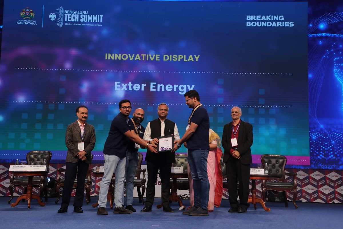Applauding excellence in exhibition! A huge shoutout to Exter Energy, honored with the Innovative Display Award at the BTS Exhibitor Awards Ceremony at #BTS2023 for setting the benchmark for exhibitors & captivating others. #BengaluruTechSummit #BreakingBoundaries #TechInnovation