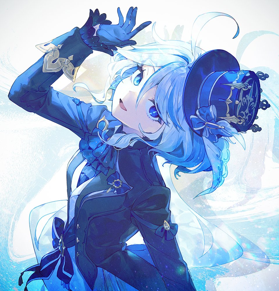 furina (genshin impact) blue eyes gloves hat solo blue hair smile long sleeves  illustration images