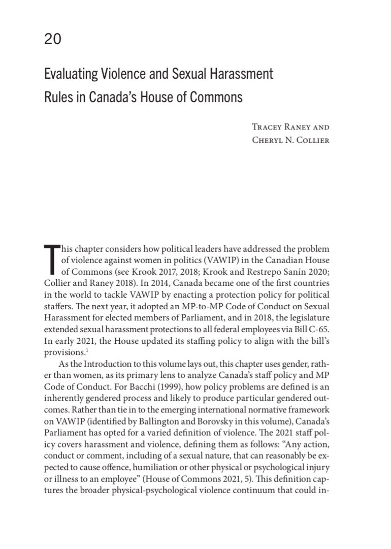 @profcncollier and @tracey_raney evaluate the MP Code of Conduct on Sexual Harassment in the Canadian House of Commons. They argue that patriarchal norms within the parties are likely to undermine the effectiveness of the code. #gpvbook #16Days #NoExcuse #OrangeTheWorld