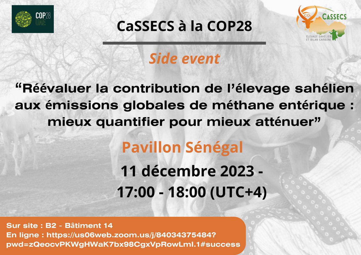 ProjetCassecs's tweet photo. 🌍#COP28
…Et à la suite, direction le pavillon Sénégal pour un side event #CaSSECS sur les émissions de méthane entérique de l’élevage pastoral au #Sahel. RDV lundi 11 décembre 17 :00 (heure de Dubaï) (B2 - bâtiment 14) ou en ligne!
@COP28_UAE
@ISRA_Senegal
@Cirad https://t.co/tDLIYUJrTM