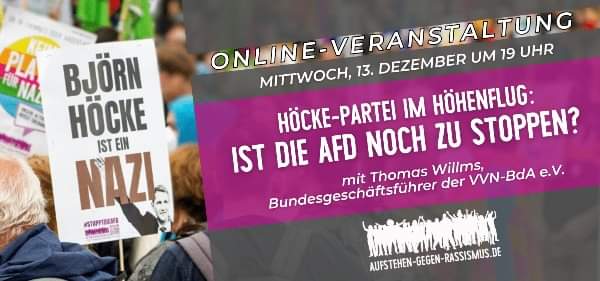 Newsletter: Aufstehen gegen Rassismus RheinMain - KW 49/2023 - mailchi.mp/8614db587ccf/a… 11.12.: AgR RheinMain Plenum 12/2023
13.12.: AgR-Veranstaltung "Höcke-Partei im Höhenflug: Ist die AfD noch zu stoppen?"
15.12.: "Warum die Rechten gegen die ökologische Wende kämpfen?" (OF)