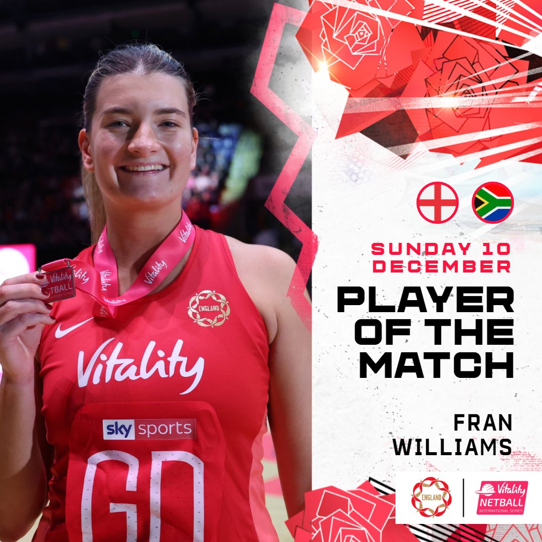 England Netball (@englandnetball) on Twitter photo There's only one <a href="/fwills11/">Francesca Williams</a> ๐
๐๏ธ Our captain is the <a href="/Vitality_UK/">Vitality UK</a> Player of the Match! There's only one <a href="/fwills11/">Francesca Williams</a> ๐
๐๏ธ Our captain is the <a href="/Vitality_UK/">Vitality UK</a> Player of the Match!