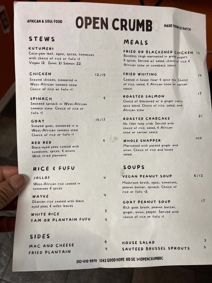 Open Crumb (in Anacostia just right over 11th Street bridge from Navy Yard) is still tremendous. A $15 crabcake sandwich. Jollof rice. Prices are $2-3 more on UberEats so give them a call (it can take a a bit). First time since went with <a href="/chenderson/">Christina Henderson</a> @farnanindc