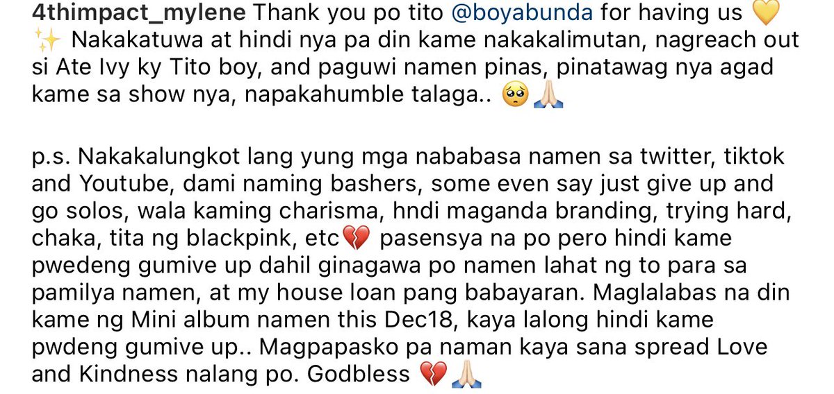 4thimpactMylene's tweet image. Thank you po tito @boyabunda for having us 💛✨ Nakakatuwa at hindi nya pa din kame nakakalimutan, nagreach out si Ate Ivy ky Tito boy, and paguwi namen pinas, pinatawag nya agad kame sa show nya, napakahumble talaga.. 🥺🙏🏻 #4thimpact #ftba4thimpact