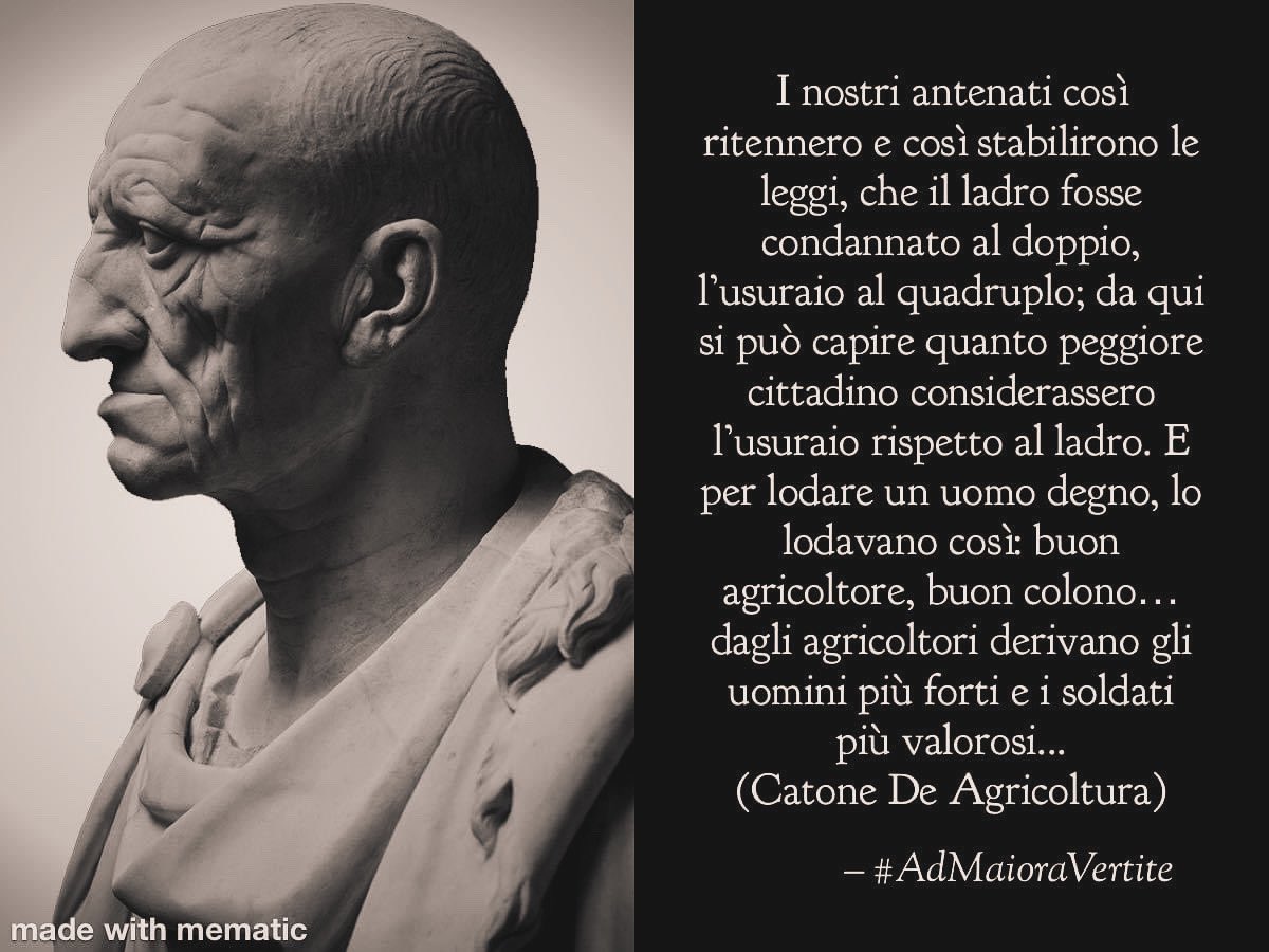 Tommygladius79's tweet image. vir bonus colendi peritus… 

“ma dagli agricoltori derivano gli uomini più forti e i soldati più valorosi, e nell’agricoltura si consegue un guadagno del tutto onesto.”

(Marco Porcio Catone – De Agricultura)

Roma è la Luce 

#AdMaioraVertite #Storia #Catone #Roma #Tradizione