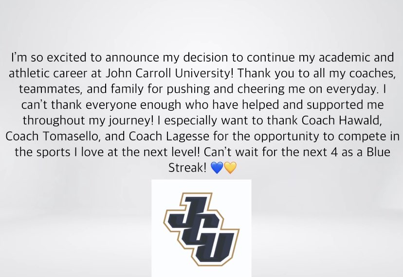 bellacyrkiel's tweet photo. Looking forward to the next chapter at JCU! @JohnCarrollU GO BLUE STREAKS! 💙⚡️ https://t.co/VuN63i44Rr