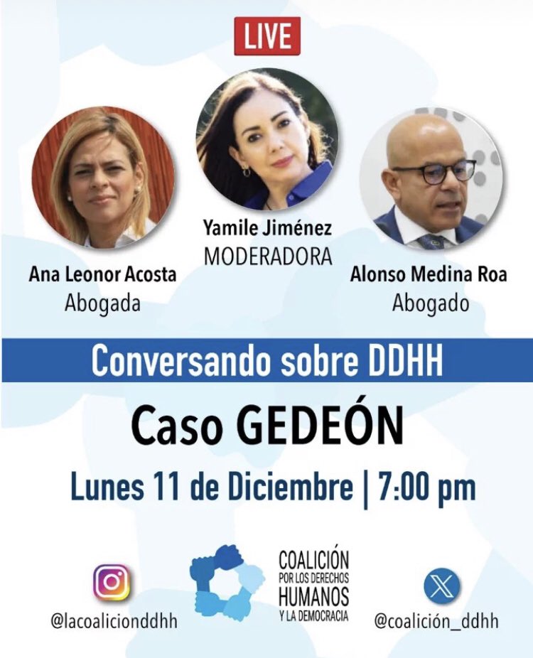 ATENCIÓN…mañana los doctores @AnaLeonorAcosta y @medinaroaalonso estarán en un conversando en un Live sobre el caso Gedeón
#LiberenALosPresosPoliticos 
#NavidadesSinPresosPoliticos 
#capitanantoniosequea
#operaciongedeon