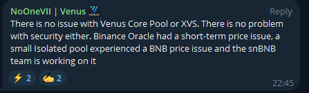 WuBlockchain's tweet photo. Venus Protocol, the lending protocol on BNBChain, was exploited, according to @SlowMist_Team.

Venus responded: There is no issue with Venus Core Pool or XVS. There is no problem with security either. Binance Oracle had a short-term price issue, asmall lsolated pool experienced a BNB price issue and the snBNBteam is working on it
