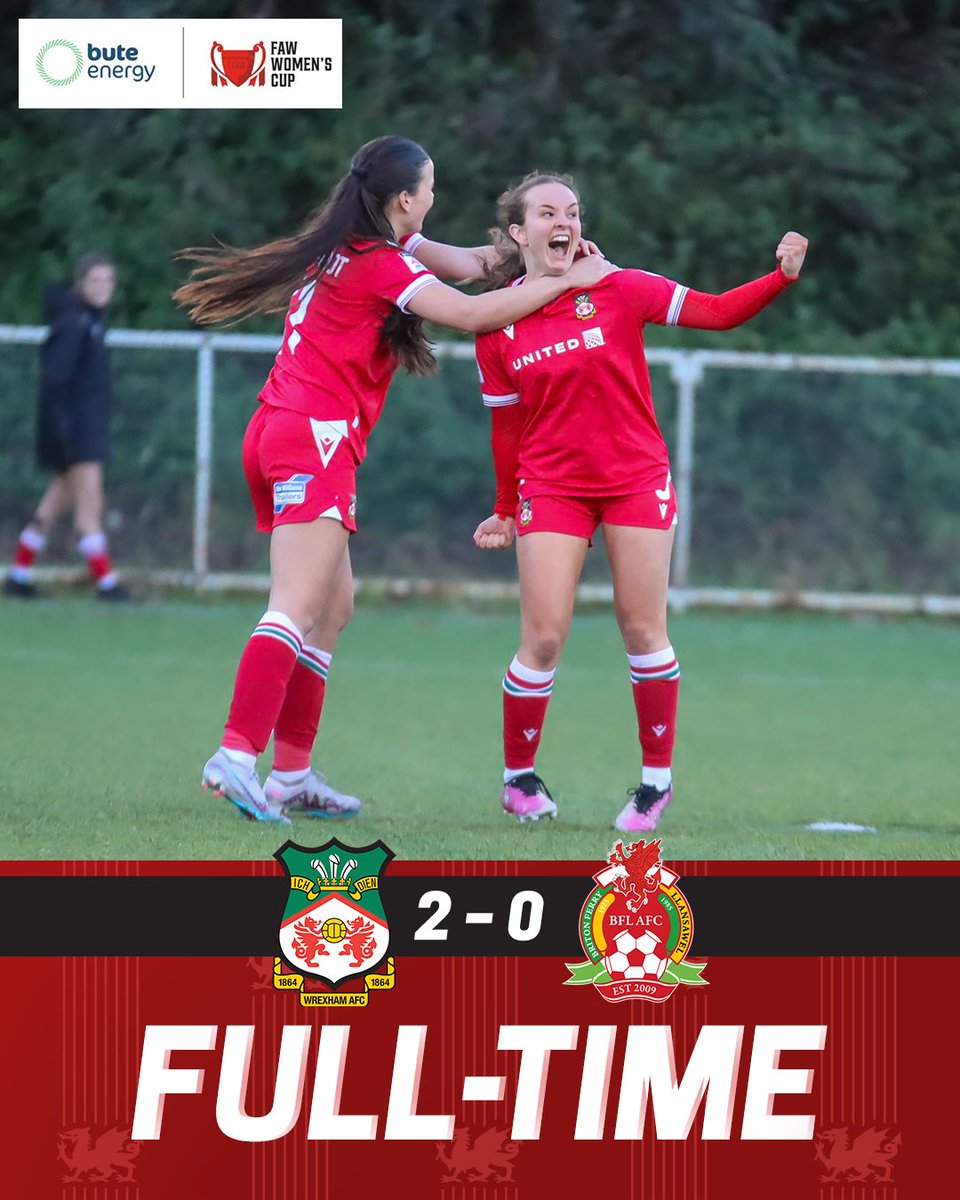 WrexhamAFCWomen's tweet photo. FULL TIME | Wrexham AFC 2-0 Briton Ferry 

🔘 We're into the Bute Energy Welsh Cup semi-finals! 🙌

🔴⚪️ #WxmAFC https://t.co/xjf7zFRe6l
