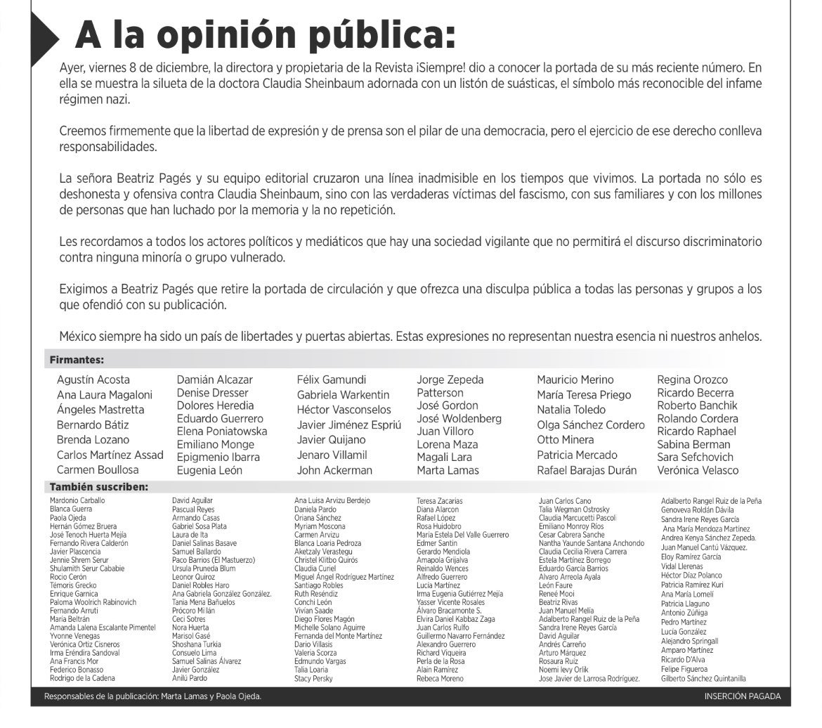 Interesante. Doña ⁦<a href="/PagesBeatriz/">Beatriz Pagés</a>⁩ ha hecho que figuras de lo más distintas se unan en un mismo desplegado a condenar sus ridiculeces.