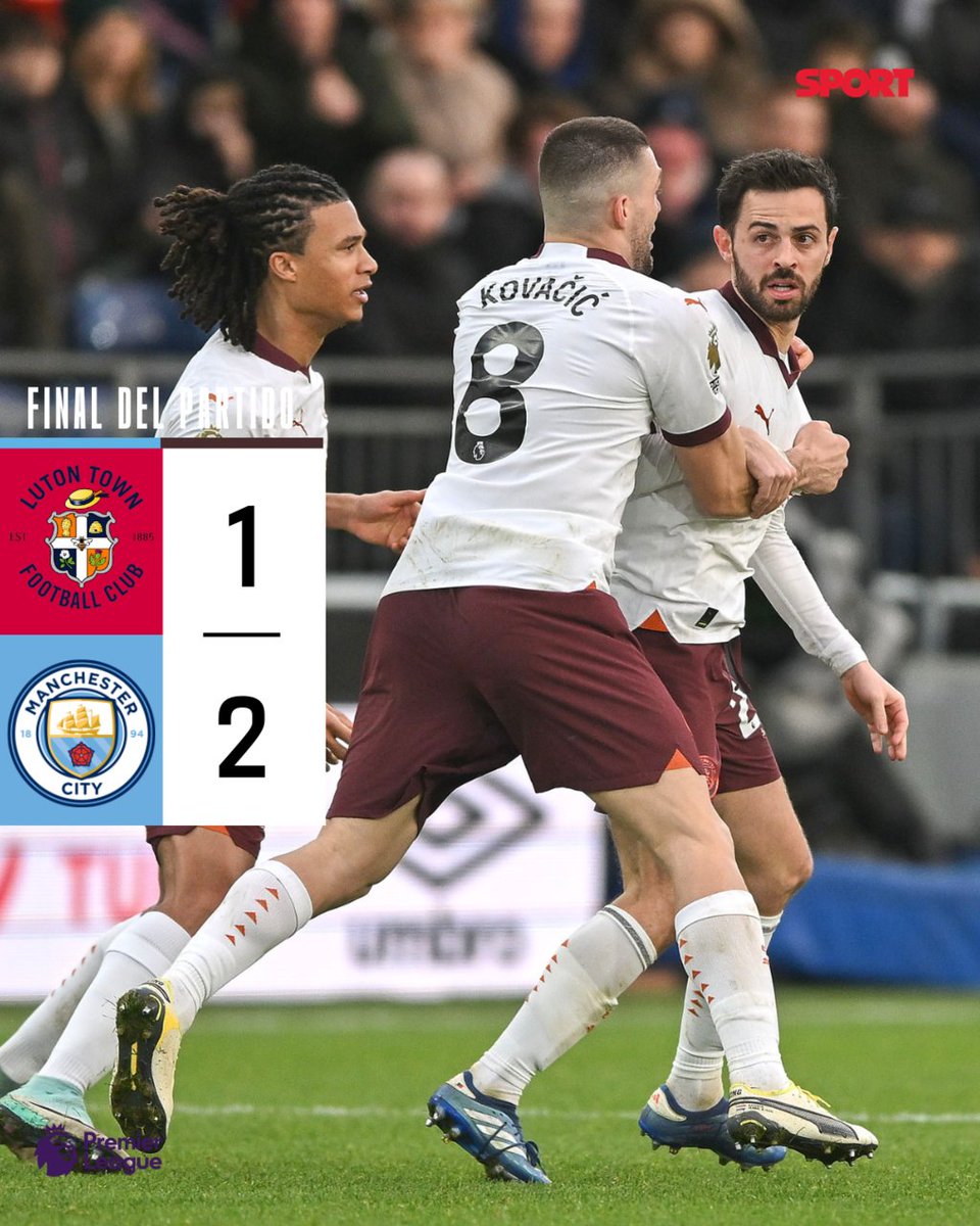 sport's tweet photo. ⌚¡𝑭𝑰𝑵𝑨𝑳! El City vuelve a la senda de la victoria tras remontar a un combativo Luton

⚪🔴 @LutonTown 1
🔵⚪ @ManCity 2

⚽ 45+2' Adebayo
⚽ 62' Bernardo Silva
⚽ 65' Gralish https://t.co/NjfXXaHDSI