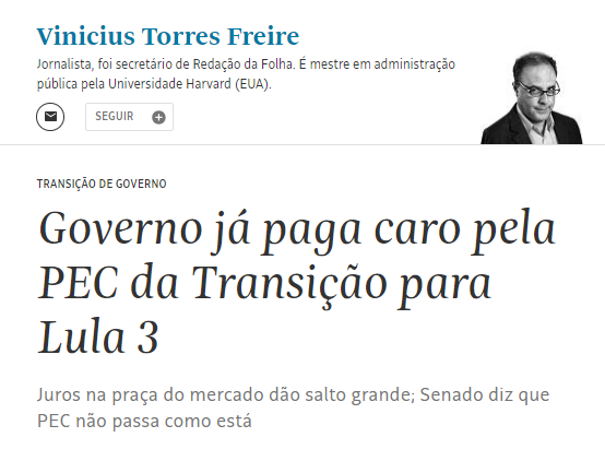 ppzbastos's tweet photo. Alguém sabe dizer se o jornalista Vinicius Torres Freire (Folha) é megalomaníaco? Ele é jornalista profissional com graduação em sociologia e mestrado (lato ou stricto sensu?) em administração, mas ontem resolveu chamar de “tosco-mágico” o campo de pesquisas teóricas e empíricas em economia que refutam o que ele vem repetindo há anos sobre déficit público e juros sem se preocupar em checar.

O nível da arrogância (sem base científica) do VTF é chocante, e normalmente deveria ser esquecido, mas temos que perder tempo com isso porque alguém está sendo desinformado. Cansei de desinformação. O campo estigmatizado como “tosco-mágico” pelo jornalista envolve hoje Nobels como Paul Krugman e (às vezes) economistas como o Blanchard, para não citar heterodoxos que já demonstram isso há muito mais tempo.

O argumento de VTF é que mais déficit público primário gera elevação de juros da dívida pública. Ele vem “prevendo” isso desde que o presidente Lula sugeriu a PEC da transição de novembro de 2022, que permitiu que o gasto federal aumentasse 9% esse ano, bem acima do PIB. Não se preocupou em checar se estava certo, mas voltou a repetir isso ontem.

O terrorismo bem tosco dos lobistas do mercado financeiro que o VTF repete é o seguinte: se o déficit público aumentar, isso vai elevar a taxa de juros cobrada do governo enquanto o governo absorve mais poupança privada, o que vai diminuir o consumo e o investimento privados. Com o aumento do déficit público e da taxa de juros, a confiança dos credores vai diminuir, logo a taxa de juros que o governo paga vai crescer ainda mais, assim como o de todo mundo.

O suposto é que o PIB está fixado como a renda de uma casa de família. Dada esta renda (o PIB), o que essa casa chamada Brasil gasta com o governo, o consumo privado e o investimento privado depende do déficit público. Se ele aumenta, o resto diminui. Logo, se o déficit público aumentar, os juros cobrados aumentam, a poupança privada absorvida pelo governo aumenta, diminuindo o consumo e o investimento privado, certo?

Errado. Essa estória da economia doméstica é uma bobagem para quem já passou da época dos manuais simplórios de nível basicão de macroeconomia. Para começo de conversa, o volume de ativos financeiros no mundo é muito maior que o PIB mundial. O mesmo vale no Brasil, em que apenas o estoque da dívida pública bruta em relação ao PIB chega a 74,4%, para não falar do resto. Afora o fluxo de crédito novo, o estoque de “poupança” disponível para investimento financeiro não é um pedaço do fluxo anual do PIB.

A curto prazo, os juros são definidos pelo Banco Central, e o governo não precisa se endividar antes de gastar, pois tem o poder de emitir. E vários estudos mostram o óbvio: o PIB não é dado, e o gasto público estimula sim o crescimento do PIB, embora nem sempre compense inteiramente uma desaceleração do gasto privado se o estímulo não for forte o suficiente dado o tamanho da desaceleração.

VTF não precisa saber teoria econômica, mas poderia pelo menos checar os dados, jornalista econômico que é. Parece que isso é pedir demais para um “sabe-tudo”. Olha o gráfico seguinte. É de um site de consultoria privada de acesso livre (https://t.co/QtjQSkjUy2).

O que mostra o gráfico? Que, de um ano para cá, quanto VTF fez sua previsão sobre a elevação de juros gerada pela PEC da transição, e hoje, quando VTF repete o argumento sem checar os dados que refutam a sua fantasia teórica, a taxa de juros para títulos públicos caiu!

Aliás, no último mês, quando o terrorismo do mercado financeiro e da imprensa “especializada” aumentou por causa do debate sobre o déficit público zero em 2024, a taxa de juros além dos nove meses voltou a cair. Cadê a relação entre trajetória do déficit público e da dívida pública, de um lado, e os juros, de outro, que a egotrip do VTF diz existir?

Eu não vou explicar agora o que aconteceu com os juros dos títulos de seis e nove meses de um mês para cá, mas a explicação também refuta o VTF. Quero ler antes a nova explicação genial do VTF.