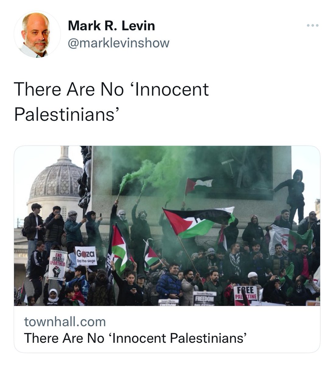 When people speak about another collectively in this way,it spreads racism&hate,It is an incitement of discrimination,dehumanization & fear. It is dehumanization of a group based on national origin,race & religion. Shame on U @marklevinshow U R the problem #antipalestinianracism