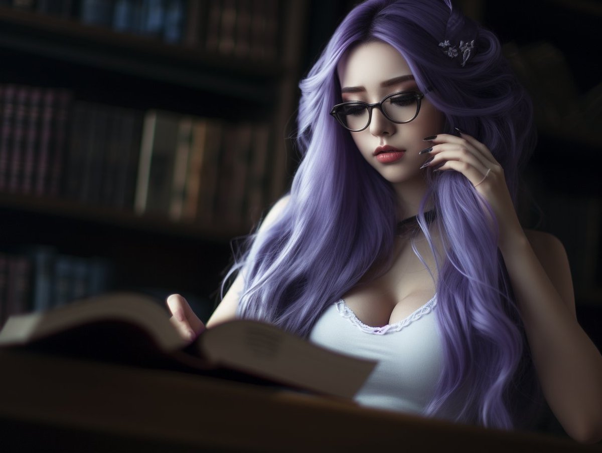 The enchanting student, immersed in a book, emanates ethereal beauty with lilac hair and a serene smile, painting a captivating scene of warmth and familial dreams in the dorm room. #beautifulgirl