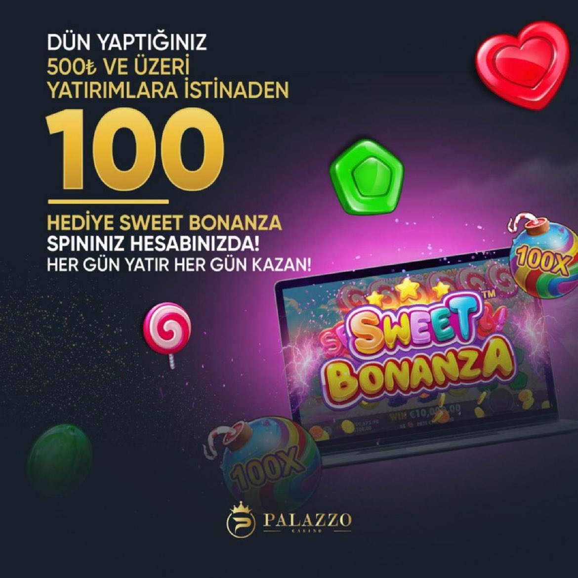 🍭 Palazzo Casino’da dün gün içerisinde 500 TL ve üzeri yatırım yapan tüm üyelerimize Sweet Bonanza’da geçerli 100 FreeSpin eklemeleri yapılmıştır. Her yatırımı kazanca dönüştürmeye devam ediyoruz! 📲 bit.ly/3DorpGd