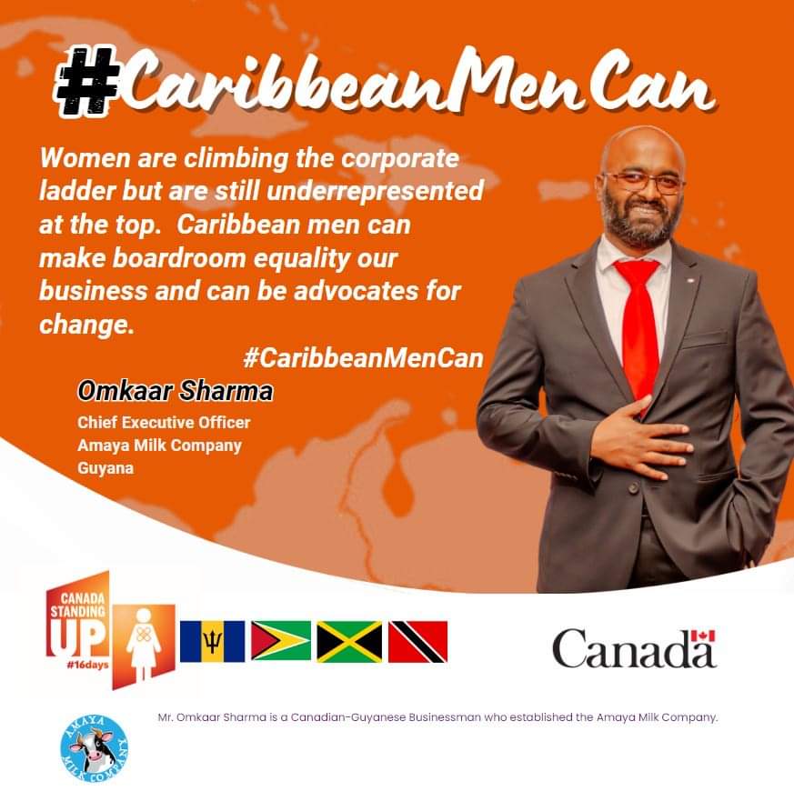 1/2 ‘Women are climbing the corporate ladder but are still underrepresented at the top. Caribbean men can make boardroom equality our business.’ - Omkaar Sharma 

#CaribbeanMenCan #EndSGBV #EndGBV #EndVAWG #16DaysOfActivism #CanadaCaribbean