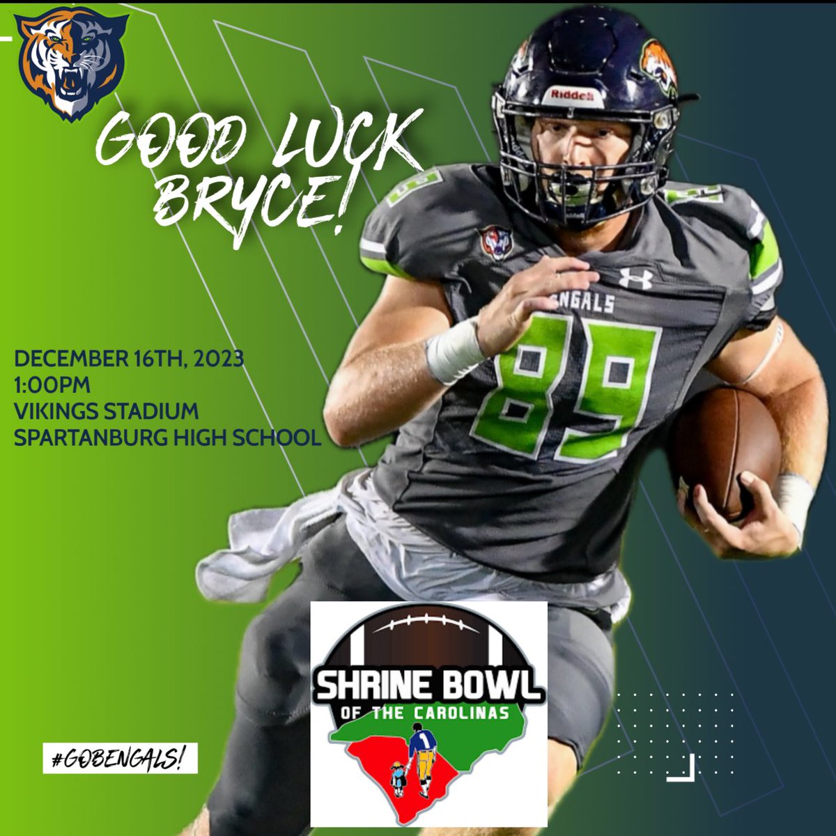 BeckhamFB_'s tweet photo. Good luck to our first ever Shrine Bowl participant @BryceRothwell24 this week! Do your thing and enjoy every second. Proud of you!! #greenzero #gobengals! https://t.co/C0OyMiwNuh