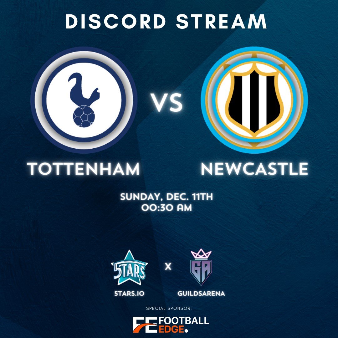 TAG_Arena's tweet photo. Join us in around 10 minutes for Tottenham vs Newcastle ⚽️

Where: 

https://t.co/VYEyjjkvPF

Like repost and join the Discord to be a part of the giveaway! 

Sign up to @5tarsGame to join the 300$ leaderboard: 

https://t.co/00ppJWgrBc 

Sponsored by @FootballEdge2 https://t.co/TSiS4Ly9tc