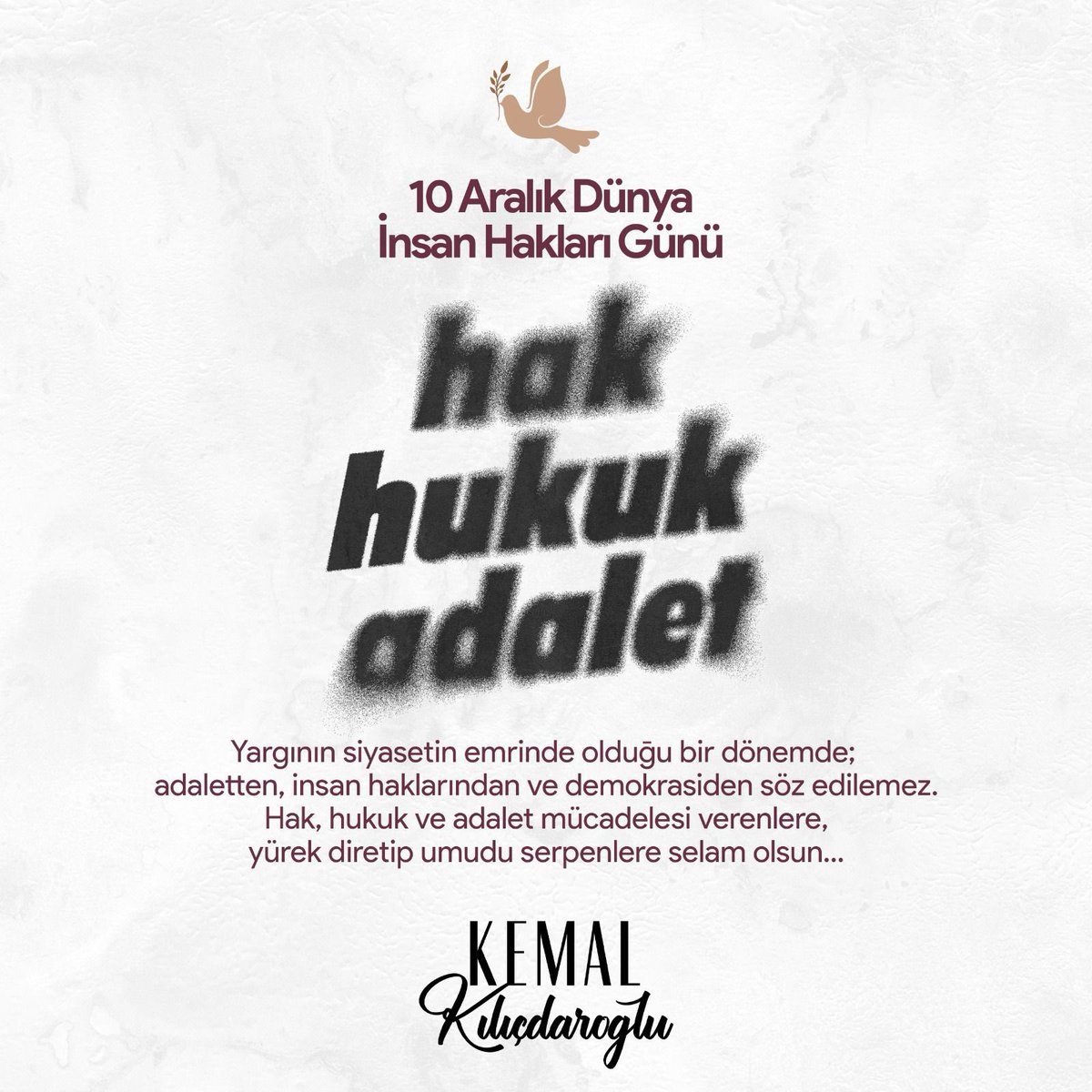 Yargının siyasetin emrinde olduğu bir dönemde; adaletten, insan haklarından ve demokrasiden söz edilemez. Hak, hukuk ve adalet mücadelesi verenlere, yürek diretip umudu serpenlere selam olsun... #10AralıkDünyaİnsanHaklarıGünü