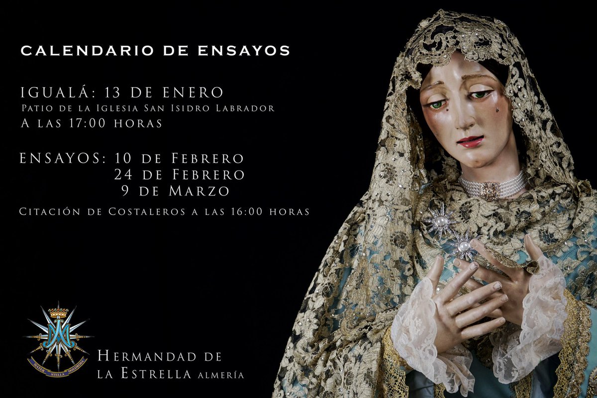 EstrellaAlmeria's tweet photo. 🔵 IGUALÁ Y ENSAYOS | PALIO

Mostramos el calendario de la igualá y ensayos para los costaleros que quieran acompañar a María Santísima de la Estrella en el próximo Domingo de Ramos de 2024.
•
HERMANDAD DE LA ESTRELLA https://t.co/y7enWdkxri