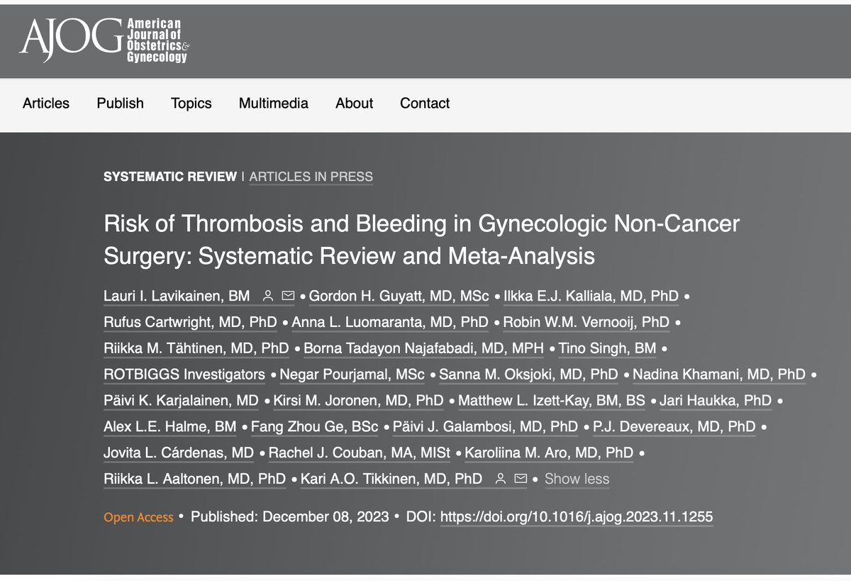 🌟 NEW PRACTICE CHANGING EVIDENCE 🌟 @AJOG_thegray just published, online ahead of final publication, GYNE NON-CANCER surgery results of the #ROTBIGGS project What are procedure-specific risk estimates for #VTE & major #bleeding in gyne non-cancer #surgery? #EBM 🧵 1/10