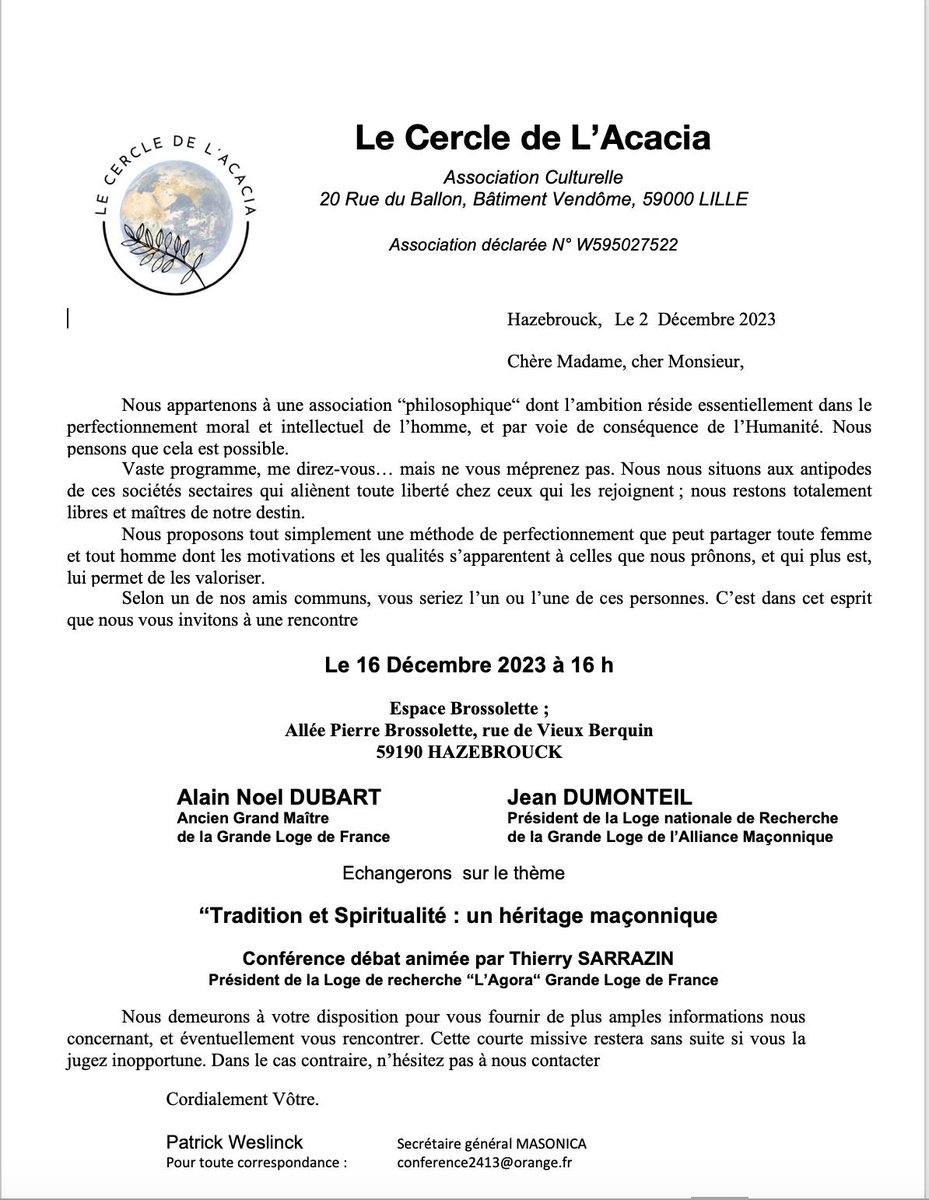chezalcide's tweet image. Conférence publique le samedi 16 décembre 2023 à 16h à Hazebrouck (59)

Le thème sera: Tradition et spiritualité, un héritage maçonnique"

@GLDF_Officiel #GLAMF