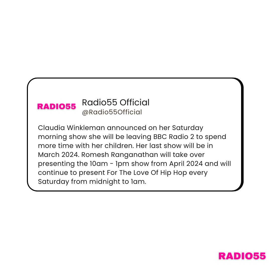 Claudia Winkleman has announced she will be leaving @BBCRadio2 in March 2024. Romesh Ranganathan will launch a new show in April 2024, taking over the Saturday morning 10am - 1pm slot. #Radio #RadioNews #BBC #BBCRadio #BBCRadio2 #ClaudiaWinkleman #RomeshRanganathan