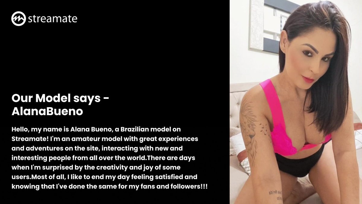 StreamateUK's tweet photo. Hello, my name is Alana Bueno, a Brazilian model on Streamate!I'm an amateur model with great experiences and adventures on the site, interacting with new and interesting people from all over the world.  @alana_bueno12 #model #ourmodels #modellife https://t.co/v9acEoebCZ