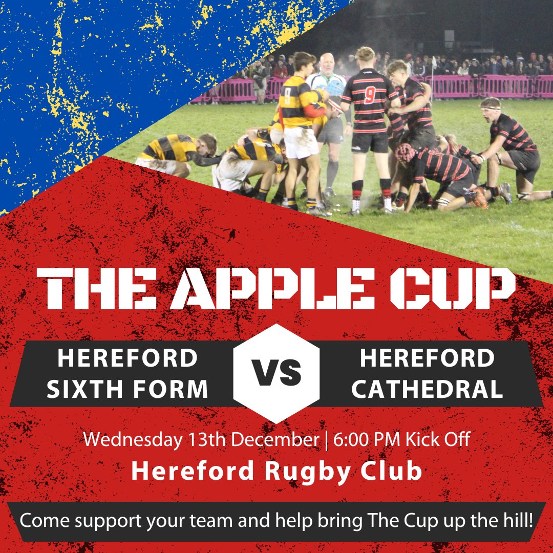 Show your support for HSFC Rugby this Wednesday, 13th December, at Hereford Rugby Club 🏉

Let's bring home the Apple Cup! 🍏🏆

#herefordsfc #herefordcathedral #rugby #rugbyacademy #collegerugby #applecup  #hsfcrugby