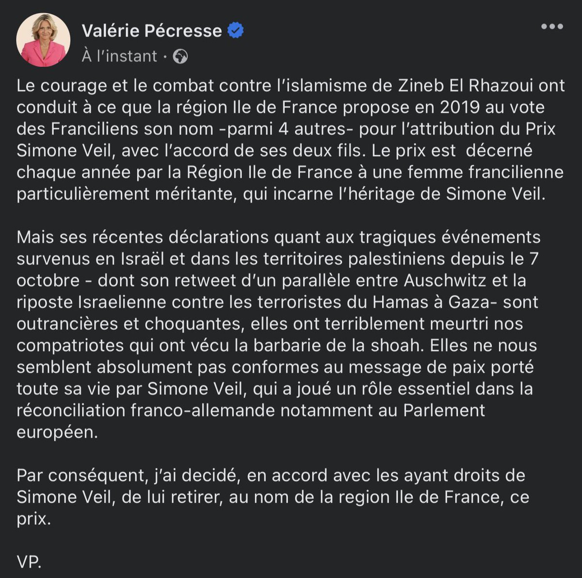 vpecresse's tweet photo. Pourquoi j’ai decidé, en accord avec les ayant droits de Simone Veil, de retirer, au nom de la Région @iledefrance, le prix Simone Veil à Zineb El Rhazoui. ⤵️ https://t.co/rv78OpeyfX