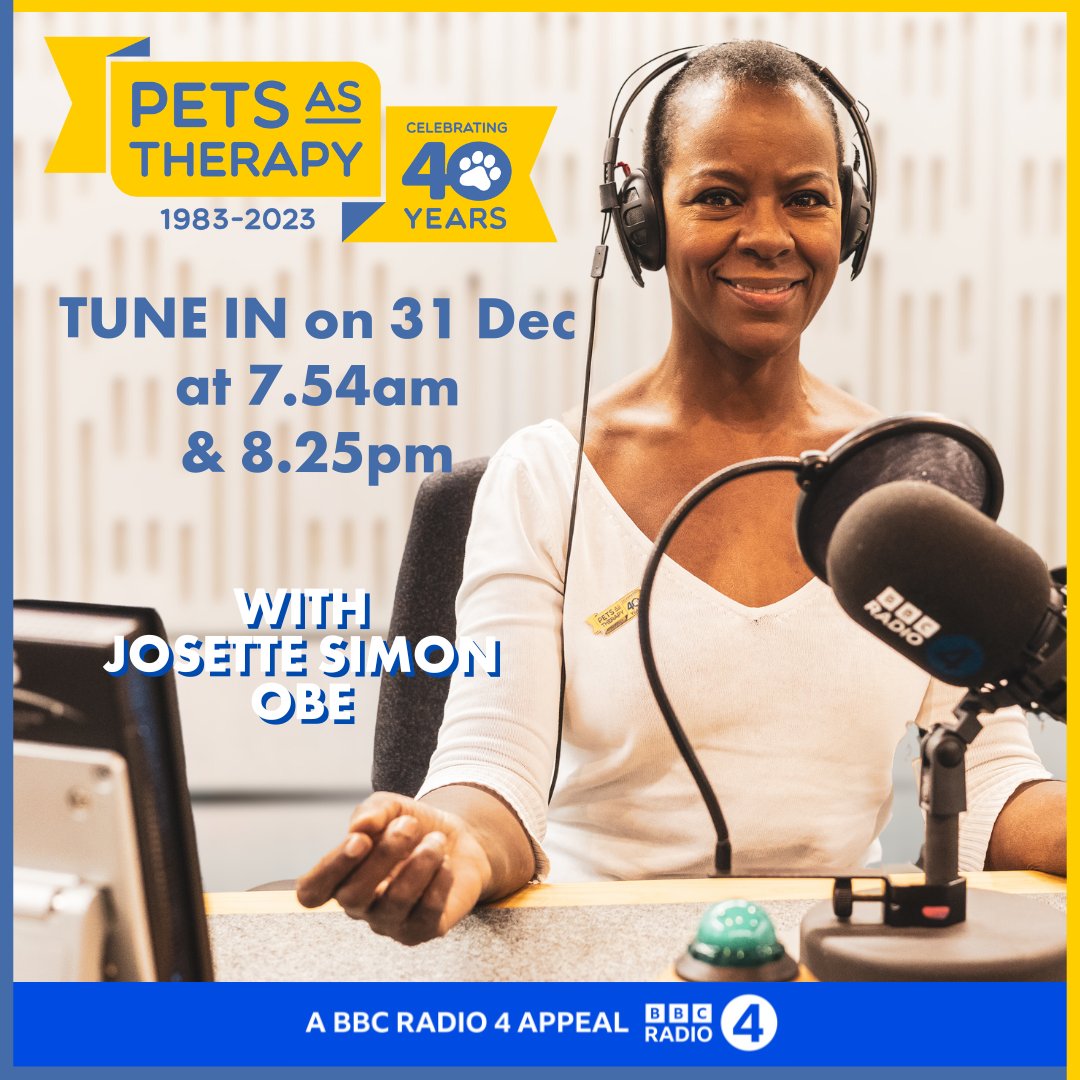 PetsAsTherapyUK's tweet image. Exciting news PAT Ambassador and actor Josette Simon OBE has recorded a @BBCRadio4 Appeal on behalf of #PetsAsTherapy.
Tune in on Sunday 31 Dec at 7.54am or 8.25pm and find out more about ordinary dogs doing extraordinary things. Put the date in your diary today!
#r4appeal