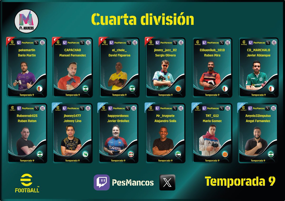 Ya esta aqui la Temporada 9 de PesMancos y os traemos los 48 participantes que la componen. 

Es un placer presentarlos y espero que se encuentren agusto con nosotros y se de una temporada del agrado de todos. Suerte a todos.

Comenzamos!!

#eFootball2024